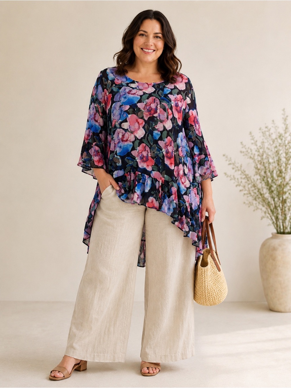 Blanc Floral Tunic Top Size 18 Sheer Romantic Ruffles High Low Boho Watercolor